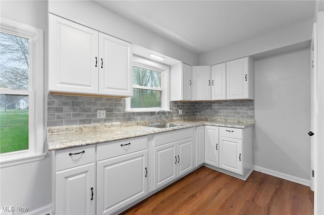 283 Maple St, Newton Falls, OH 44444 - kitchen with a sink, dark wood finished floors, decorative backsplash, baseboards, and white cabinets