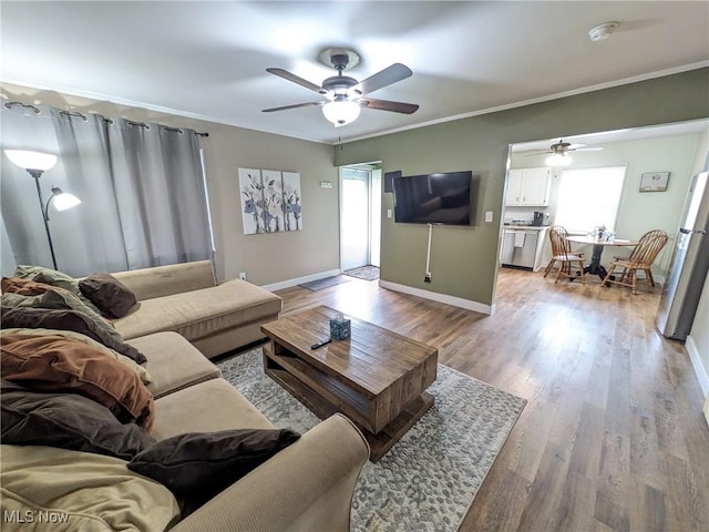 living room featuring ceiling fan, light wood-style floors, baseboards, and ornamental molding