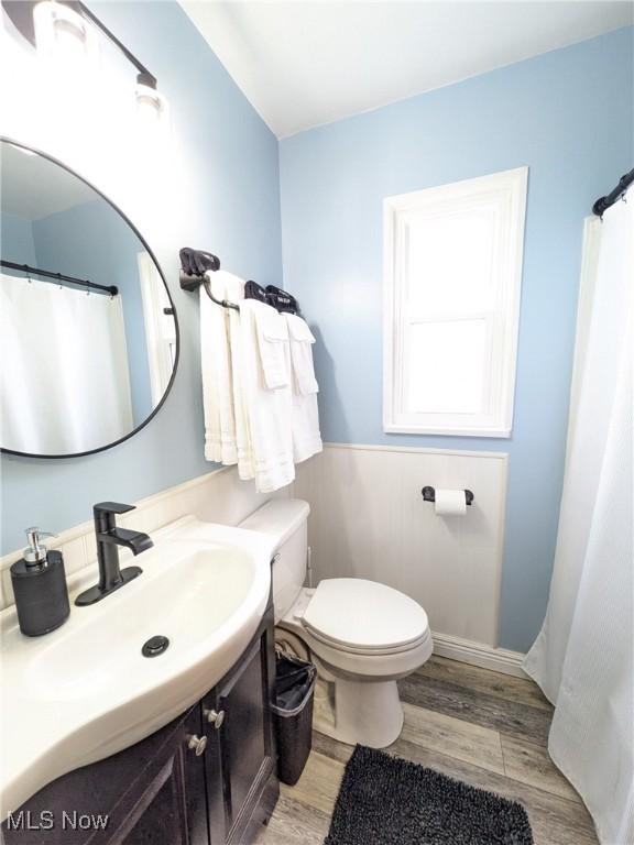 bathroom featuring wood finished floors, vanity, toilet, and a wainscoted wall