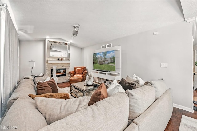 4815 Shadow Oak Dr, Austintown, OH 44515 - living area with a glass covered fireplace, baseboards, dark wood-style flooring, and lofted ceiling