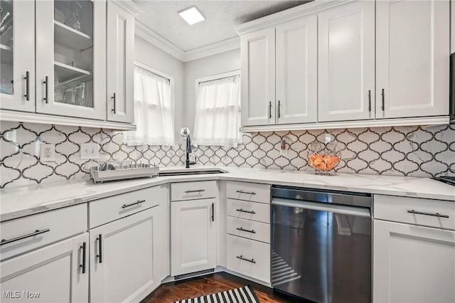 4815 Shadow Oak Dr, Austintown, OH 44515 - kitchen with dishwasher, ornamental molding, white cabinetry, a sink, and light stone countertops