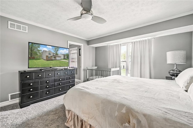 4815 Shadow Oak Dr, Austintown, OH 44515 - carpeted bedroom featuring ornamental molding, a textured ceiling, ceiling fan, and baseboards