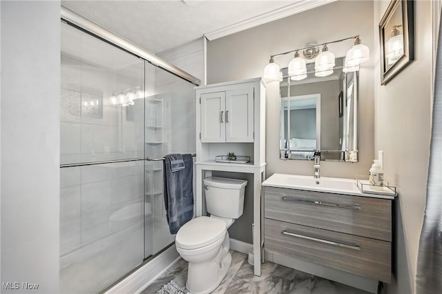 4815 Shadow Oak Dr, Austintown, OH 44515 - full bath featuring toilet, a shower stall, vanity, marble finish floors, and ornamental molding