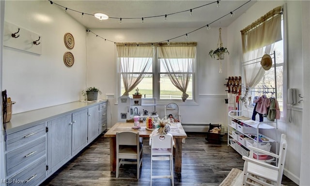 dining room with dark wood finished floors and baseboard heating