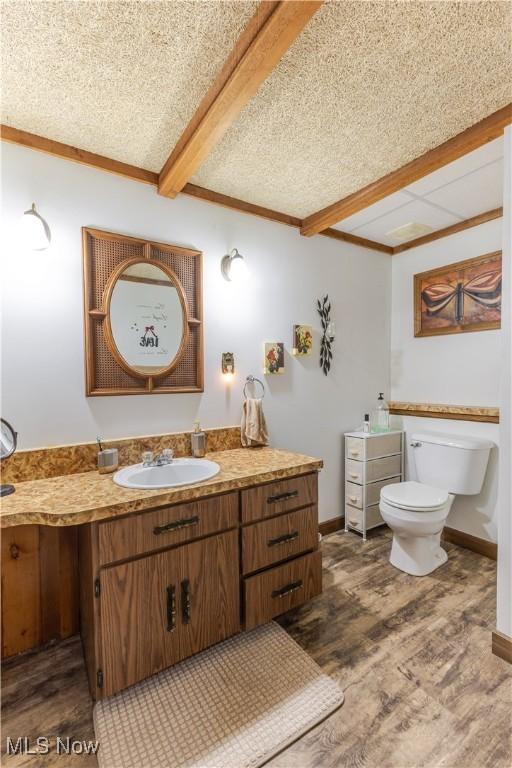 73 Hemlock Ln, Weirton, WV 26062 - bathroom featuring wood finished floors, beamed ceiling, toilet, vanity, and ornamental molding