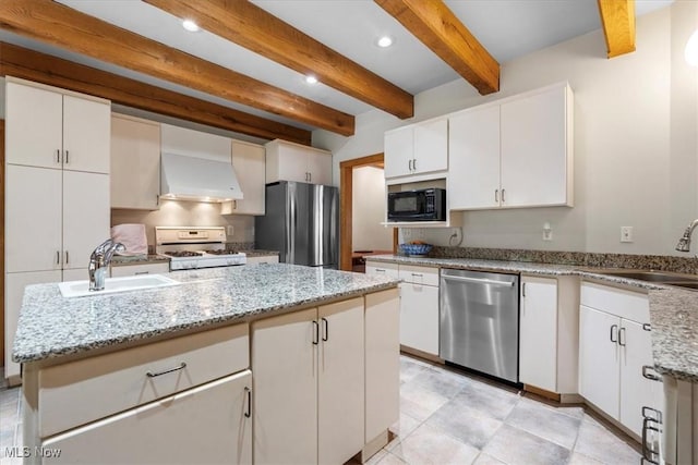 70 Northlake Ct, Vincent, OH 45784 - kitchen featuring stainless steel appliances, wall chimney range hood, a sink, white cabinets, and beam ceiling