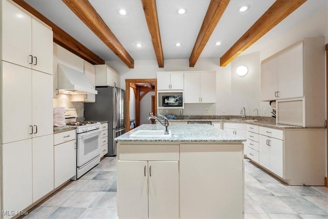 70 Northlake Ct, Vincent, OH 45784 - kitchen featuring white gas range, extractor fan, a sink, an island with sink, and beamed ceiling