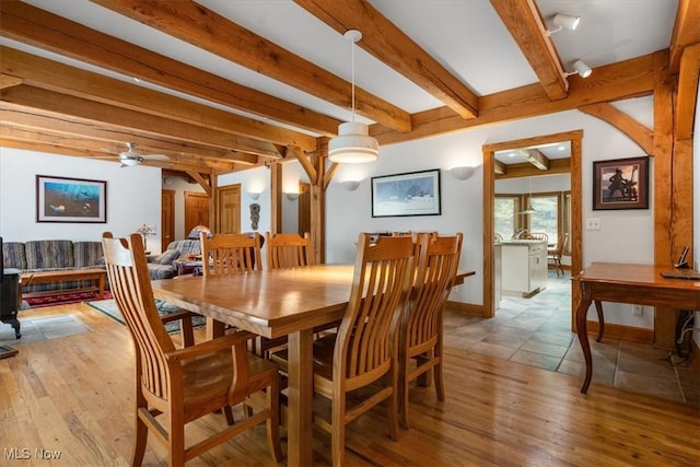 70 Northlake Ct, Vincent, OH 45784 - dining area featuring beamed ceiling, light wood-type flooring, baseboards, and ceiling fan