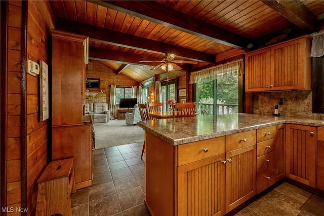 55901 Deep Run Rd, Martins Ferry, OH 43935 - kitchen featuring wood ceiling, open floor plan, a peninsula, ceiling fan, and stone counters