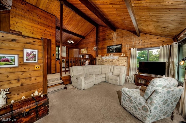 55901 Deep Run Rd, Martins Ferry, OH 43935 - carpeted living room featuring wood walls and wood ceiling