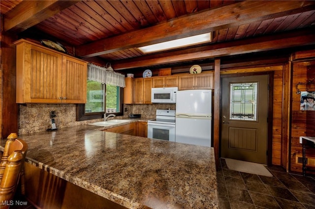 55901 Deep Run Rd, Martins Ferry, OH 43935 - kitchen with white appliances, a sink, backsplash, wood ceiling, and beam ceiling