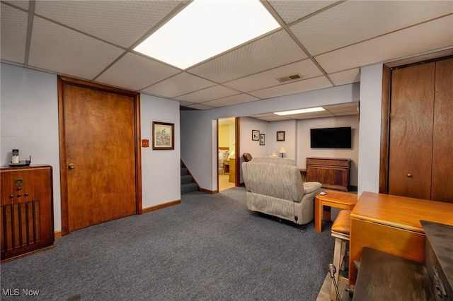55901 Deep Run Rd, Martins Ferry, OH 43935 - carpeted living area with a paneled ceiling, stairs, and baseboards