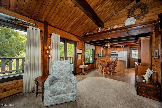 55901 Deep Run Rd, Martins Ferry, OH 43935 - living area with wood walls, wood ceiling, and a ceiling fan