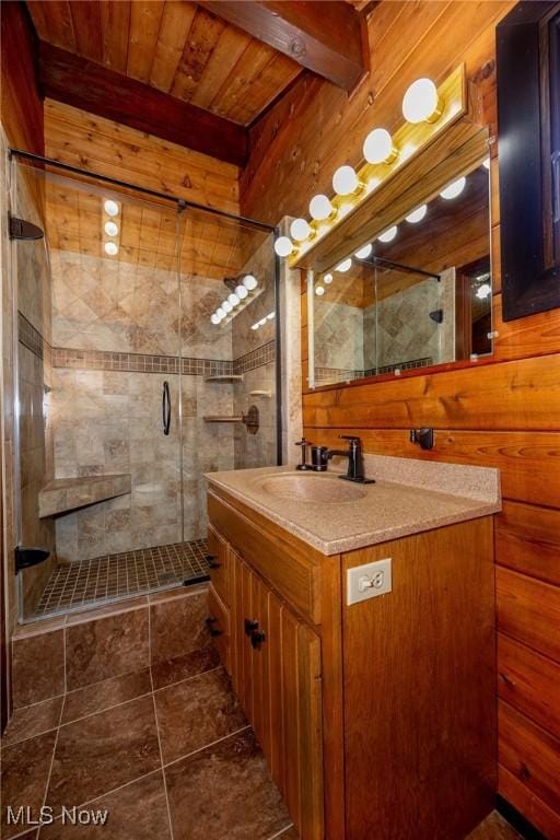 55901 Deep Run Rd, Martins Ferry, OH 43935 - full bath with a shower stall, vanity, tile patterned flooring, wood ceiling, and beam ceiling
