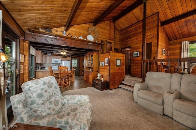 55901 Deep Run Rd, Martins Ferry, OH 43935 - living area with wooden walls, wood ceiling, and ceiling fan