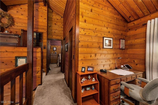 55901 Deep Run Rd, Martins Ferry, OH 43935 - office space with lofted ceiling, carpet, wooden walls, and wooden ceiling