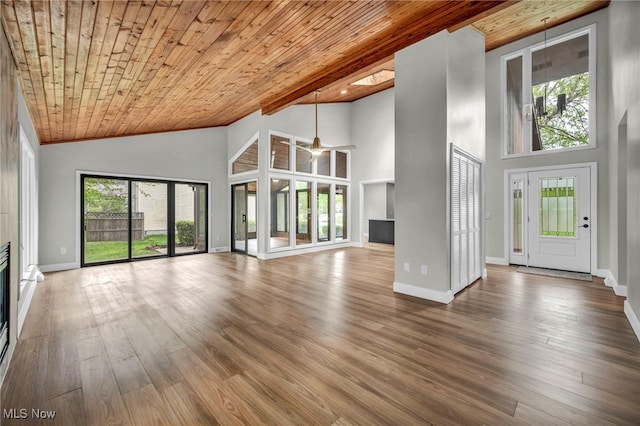 unfurnished living room with a glass covered fireplace, wood ceiling, ceiling fan, wood finished floors, and baseboards