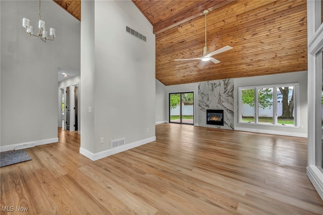unfurnished living room with high vaulted ceiling, wooden ceiling, a fireplace, a ceiling fan, and baseboards