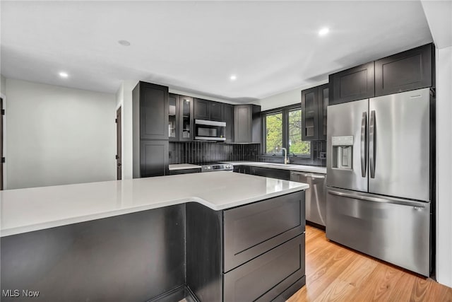 kitchen with appliances with stainless steel finishes, a sink, glass insert cabinets, backsplash, and light countertops