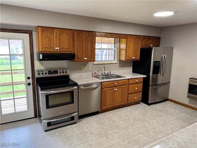 402 Washington Dr, Mineral Wells, WV 26150 - kitchen with appliances with stainless steel finishes, a sink, under cabinet range hood, heating unit, and light countertops