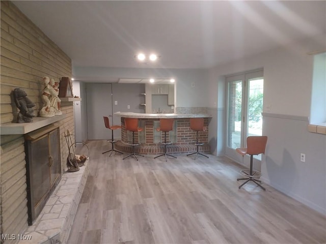 1050 Park Cir, Girard, OH 44420 - living room with light wood-style floors, a fireplace, and bar