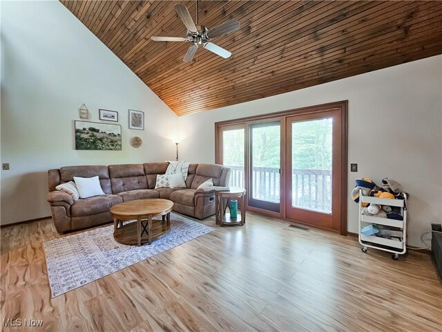 living area with wooden ceiling, high vaulted ceiling, wood finished floors, a ceiling fan, and baseboards