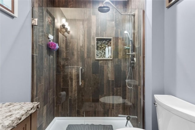 bathroom with toilet, a stall shower, and vanity