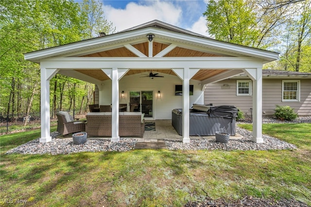 7805 Skylineview Dr, Mentor, OH 44060 - view of patio featuring a hot tub, ceiling fan, and an outdoor living space
