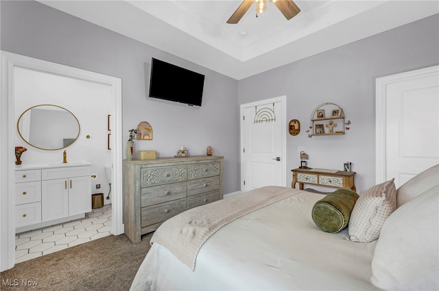 7440 Thatchum Ln, Concord, OH 44077 - carpeted bedroom with a sink, ensuite bath, ornamental molding, and a ceiling fan