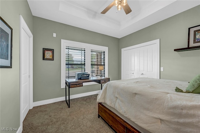 7440 Thatchum Ln, Concord, OH 44077 - bedroom with carpet floors, a raised ceiling, ornamental molding, baseboards, and ceiling fan