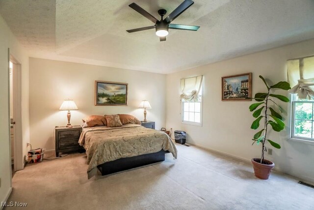 carpeted bedroom featuring multiple windows, a textured ceiling, baseboards, and ceiling fan