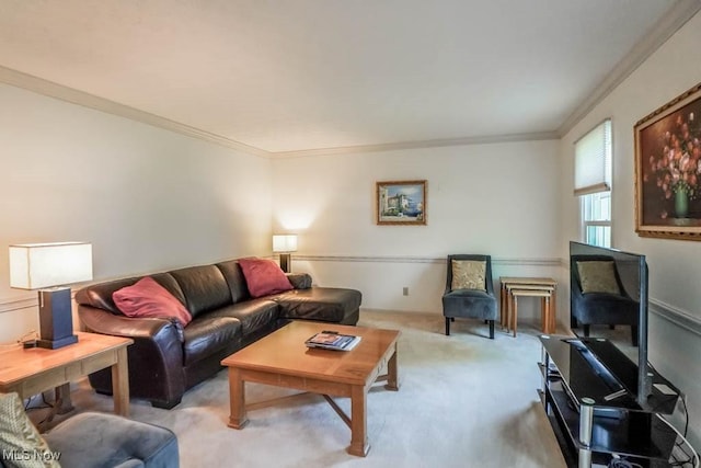 living area featuring ornamental molding and carpet flooring