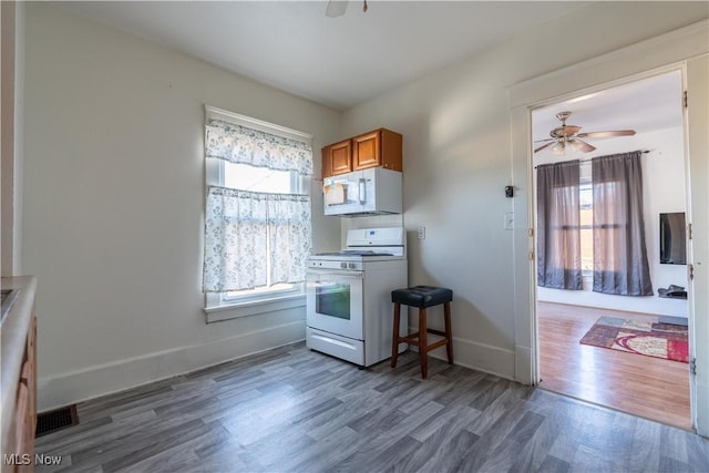 1016 12th St NE, Canton, OH 44704 - kitchen featuring white appliances, ceiling fan, wood finished floors, brown cabinets, and baseboards