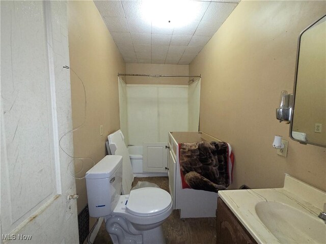 bathroom featuring toilet, vanity, and wood finished floors