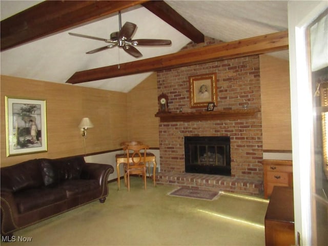 64 S Cadillac Dr, Boardman, OH 44512 - carpeted living room with a fireplace and a ceiling fan