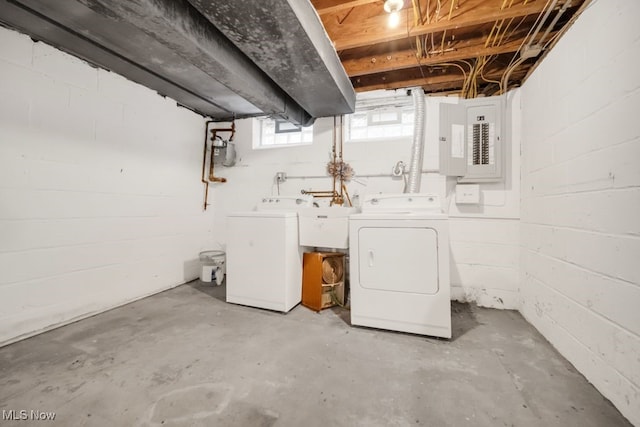 3843 Bendemeer Rd, Cleveland Heights, OH 44118 - basement featuring washing machine and clothes dryer, a sink, electric panel, gas meter, and concrete block wall