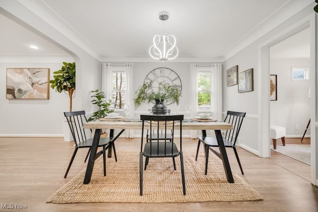 3843 Bendemeer Rd, Cleveland Heights, OH 44118 - dining room with light wood-style floors, baseboards, a chandelier, ornamental molding, and recessed lighting