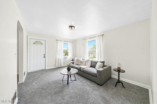 living area with carpet floors, arched walkways, and baseboards