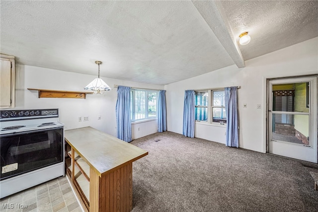 3509 Fargo Dr, Ashtabula, OH 44004 - kitchen featuring white electric stove, a textured ceiling, lofted ceiling, light colored carpet, and light countertops