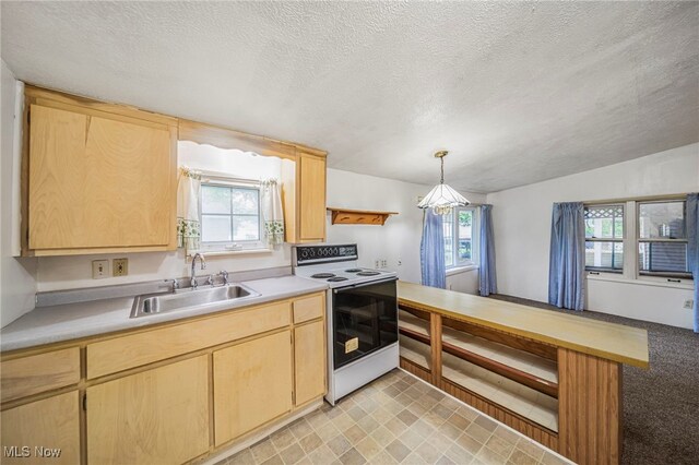 3509 Fargo Dr, Ashtabula, OH 44004 - kitchen featuring white electric range, a sink, light brown cabinets, a peninsula, and a textured ceiling