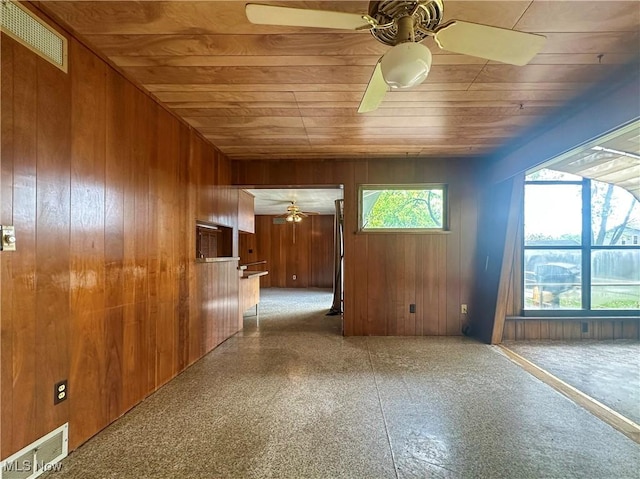 1357 Kearney St, Niles, OH 44446 - unfurnished room featuring a ceiling fan, wooden ceiling, and wooden walls