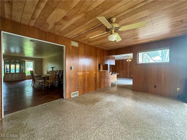 1357 Kearney St, Niles, OH 44446 - unfurnished living room featuring wood ceiling, a ceiling fan, and wood walls