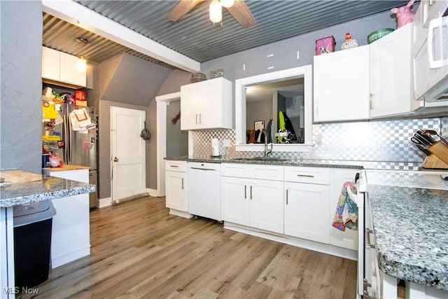 kitchen featuring white appliances, a sink, decorative backsplash, white cabinets, and wood ceiling
