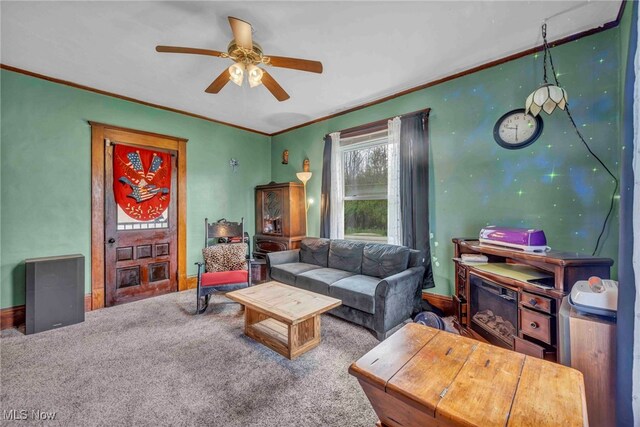 6873 Nichols Rd, Windham, OH 44288 - living room with a ceiling fan, ornamental molding, and carpet floors