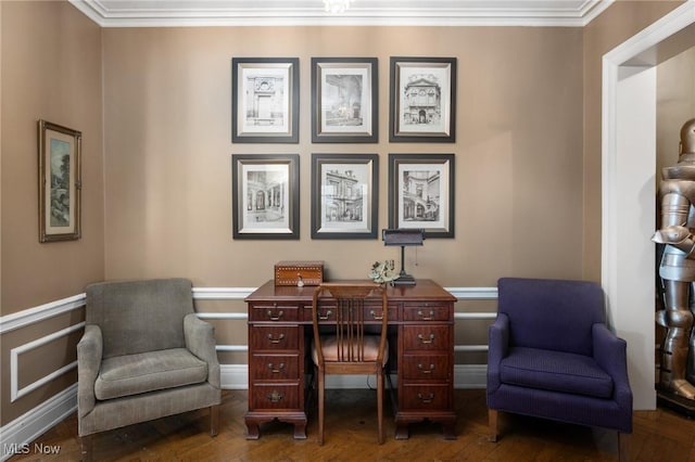 office with ornamental molding, hardwood / wood-style flooring, and wainscoting