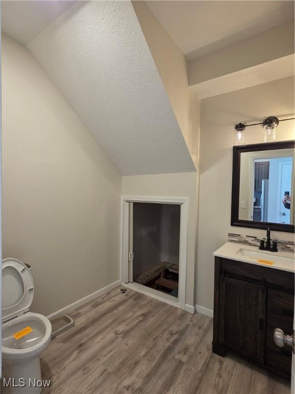 990 E Blvd, Aurora, OH 44202 - bathroom with vanity, wood finished floors, baseboards, toilet, and lofted ceiling