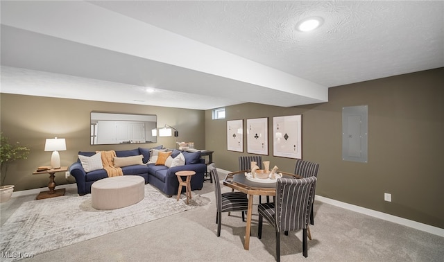 2986 Mcintosh Dr NE, Louisville, OH 44641 - dining area featuring electric panel, baseboards, radiator heating unit, light colored carpet, and a textured ceiling