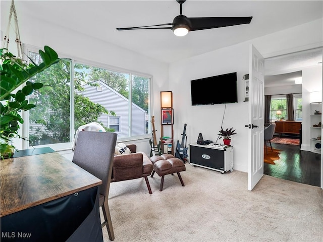 sitting room featuring ceiling fan and carpet flooring
