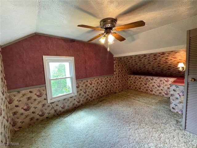 1585 County Road 9, Marietta, OH 45750 - additional living space featuring vaulted ceiling, a ceiling fan, carpet floors, wallpapered walls, and a textured ceiling