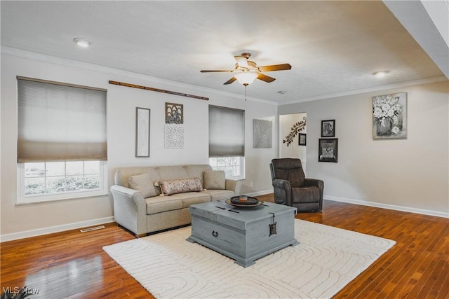 5500 12th Ave, Vienna, WV 26105 - living area featuring a ceiling fan, crown molding, baseboards, and wood finished floors